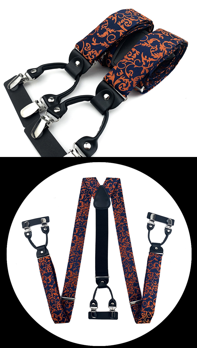 VEEKTIE Brand Suspender For Men 6 Snap Hooks Y-back Adjustable Jacquard Floral Check Shirts Paisley Yellow Blue Vintage Retro