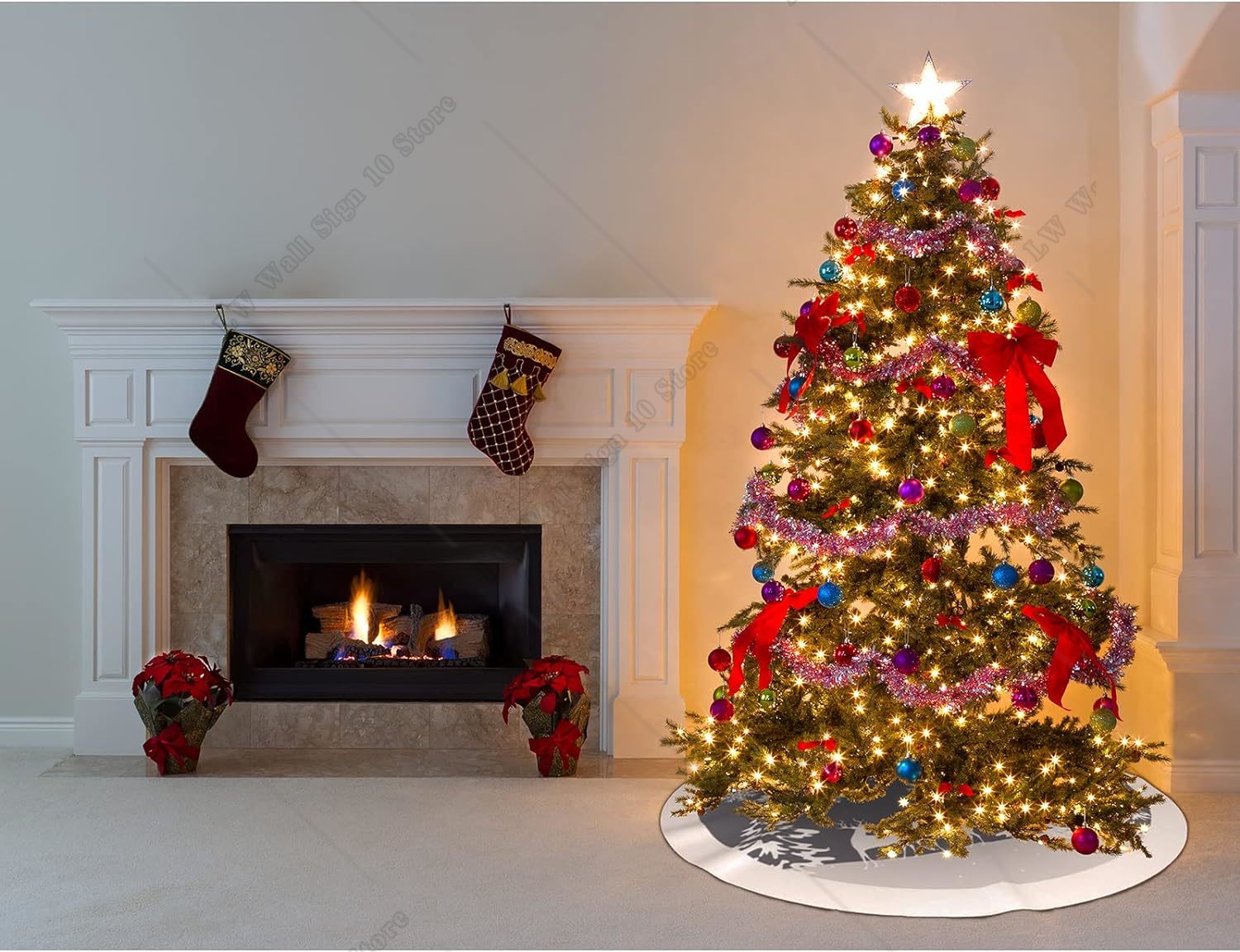 White Grey Christmas Tree Skirt with Cute Santa Claus Reindeer Snowflake Xmas Ornaments Mat for Indoor Holiday Party Decoration