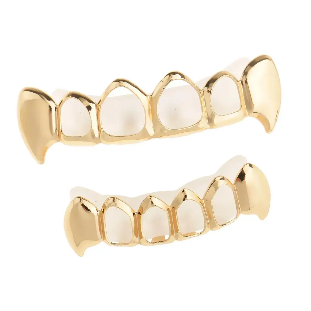 Hollow Dual Mouth Teeth Caps 18K Gold Plated Grills Hip Hop Open Face Prom
