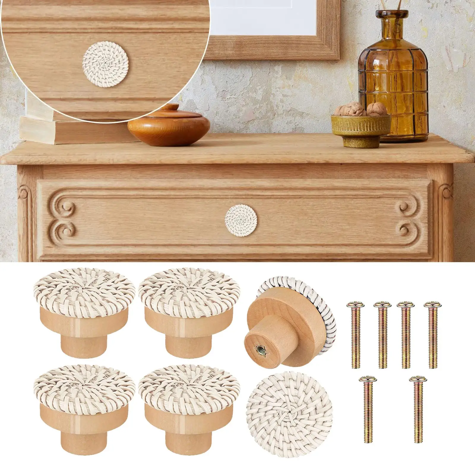 Round Dresser Handles with Screws Wicker Woven for Wardrobes Furniture