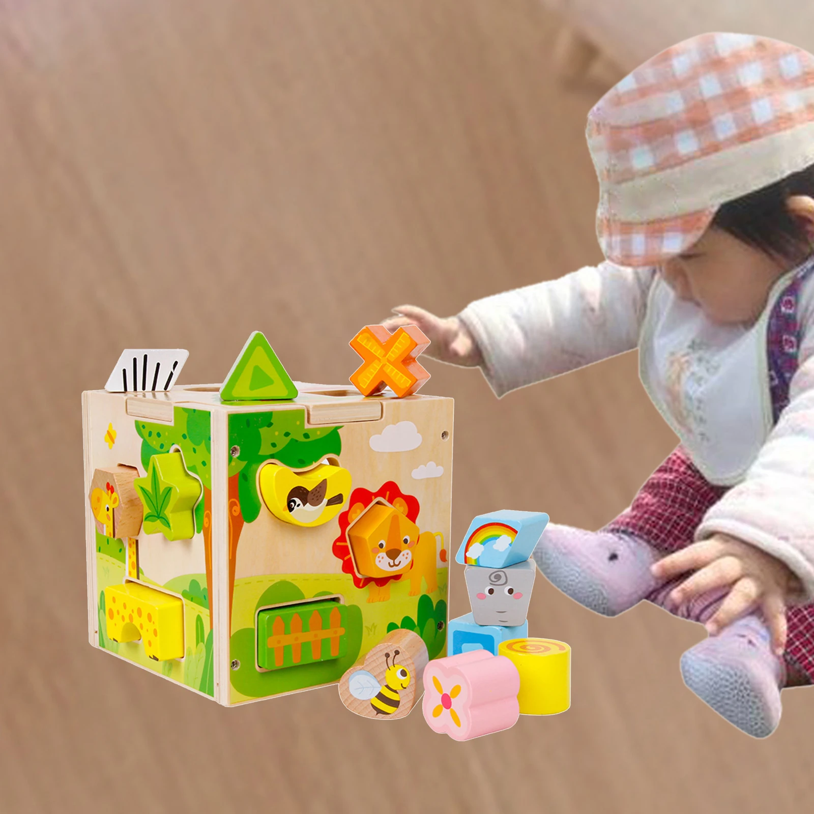 Wood Shape Sorter Toy Geometry Learning Developmental Colorful Toddlers Baby