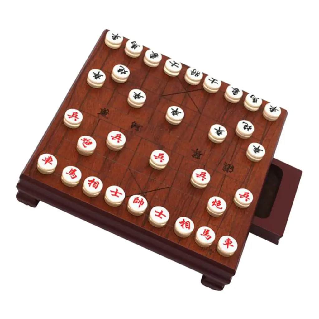 Traditional Xiang Qi Wooden Chinese Chess Board Checker  with Drawer Box And Chess Pieces, Travel  for Family