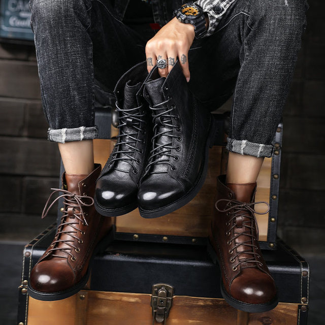 Retro Leather Boots Men British Style Spring Autumn Round Head