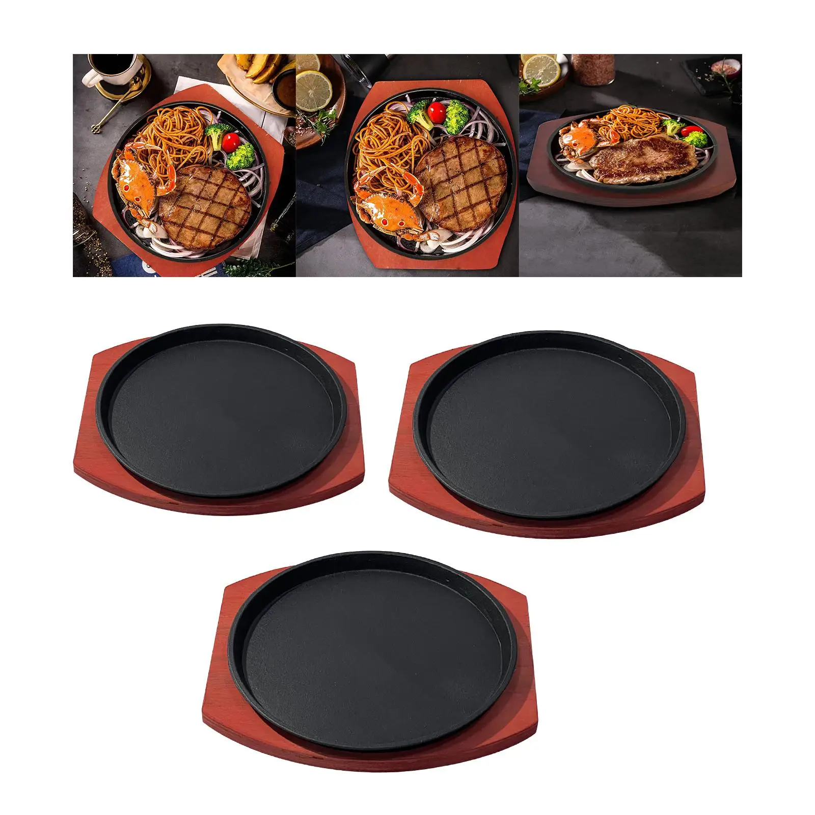 Cast Iron Steak Plate Sizzling with Wooden Base Grilling Pan for Household Home Use Kitchen