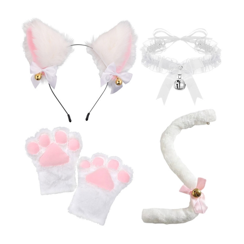 Katzenkostüm-Set, Katzenohren, Stirnband, Schwanz, Glöckchen, Spitze, Halsreif, Handschuhe für Kinder, Mädchen, Jungen, Cosplay – Detail 3