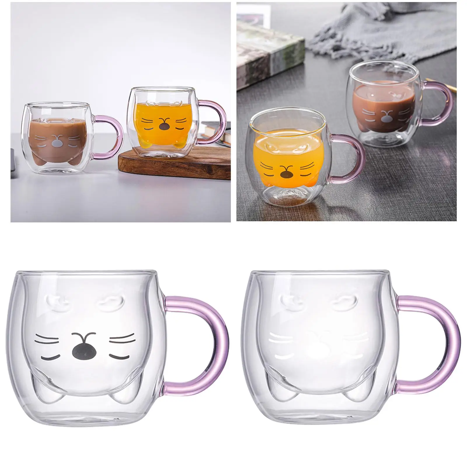 Double Wall Glass Cup Borosilicate Glass Cat Ear Drink Mugs for Tea Hot Chocolate