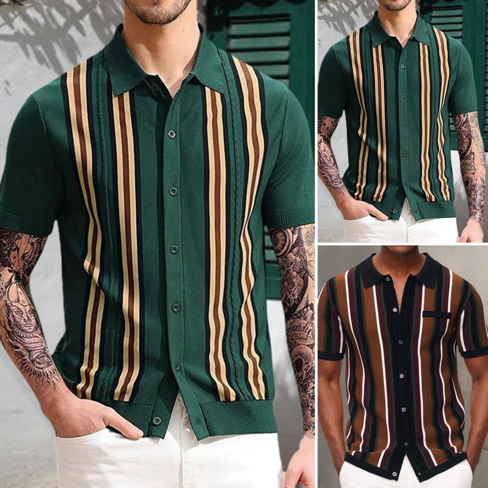 Men's Summer Knitted Shirt Contrast Color Single breasted Short Sleeve Stripe Print Knitted Summer Tops Male Clothes 11 S045076a2554748b689b7907073575244s