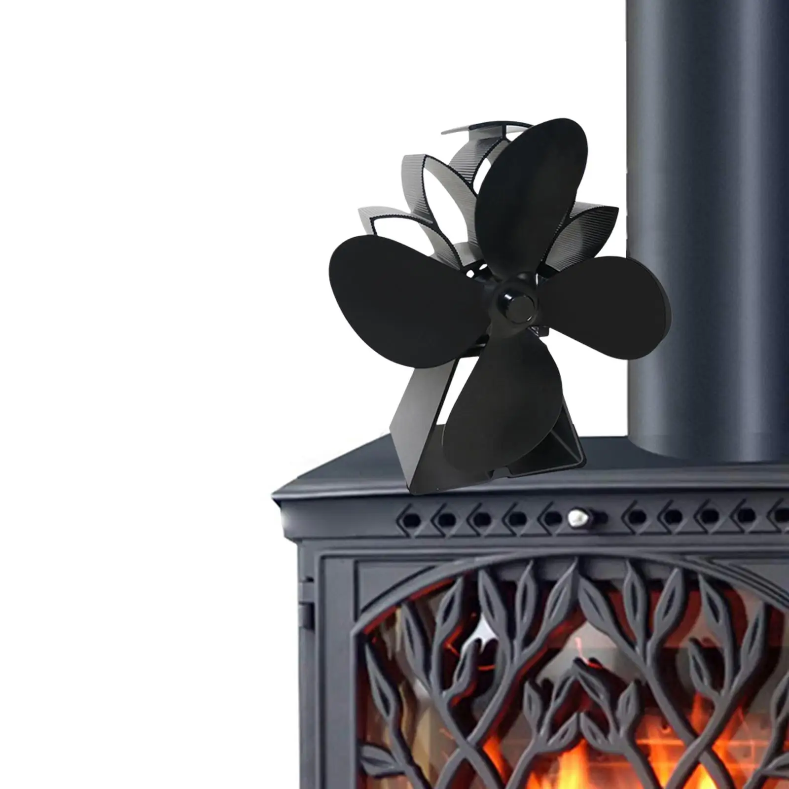 4 Vanes Heat Powered Fireplace Fan Silent Motor for  Burning Circulates Warm Efficient Heat Transfer Save Fuel Black