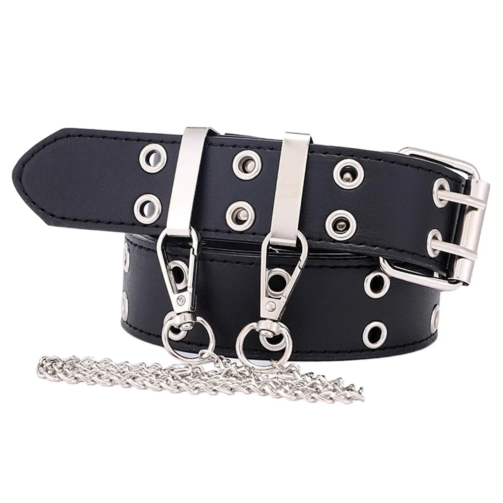 Womens Double Grommet Leather Belt with Chains Buckles Punk Waist Belts