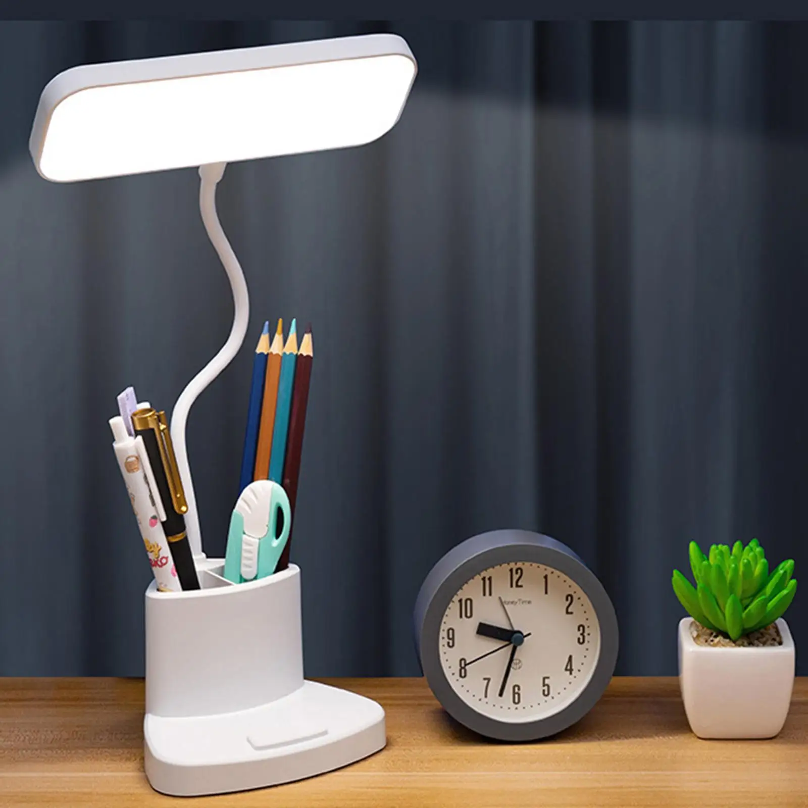 Adjustable LED Desk Light USB Phone Stand Dimmable W/ Pen Holder Storage Flexible Reading Lamp Eye Protection for Bedside Table