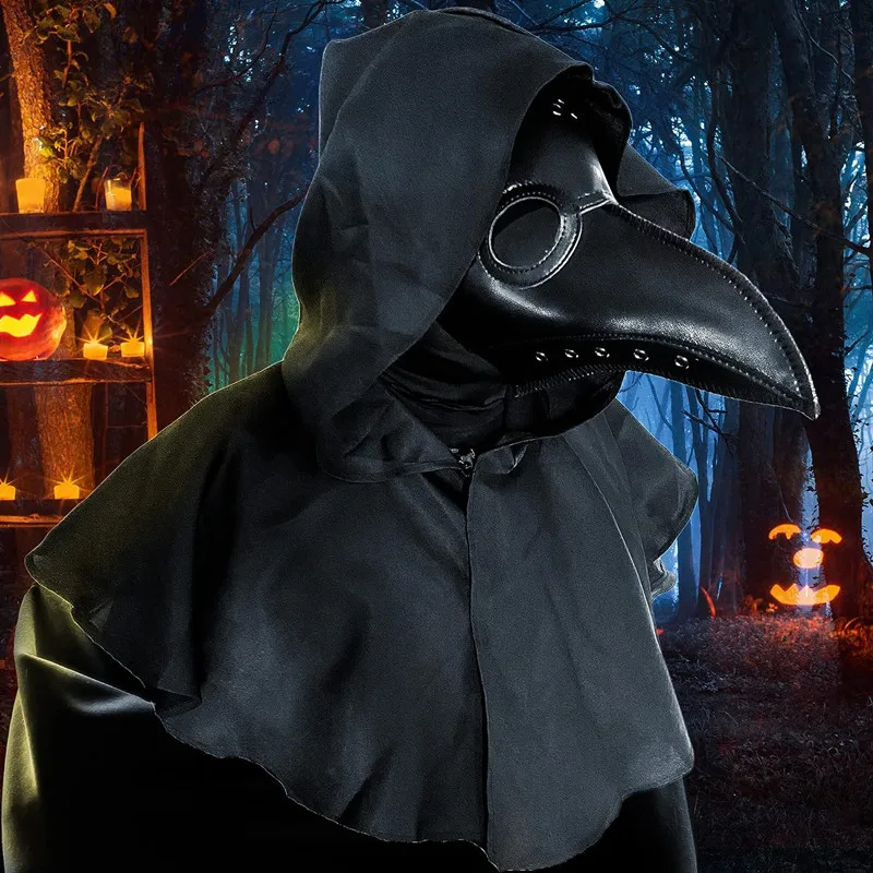 Halloween-Kostüm-Requisiten, Pestdoktor-Maske und Umhang, langer Nase, Schnabel, Ledermasken für Erwachsene, Reaper-Umhang, mittelalterlicher schwarzer Hut – Detail 2