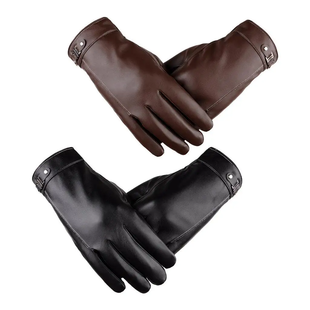 Men Winter Warm Gloves With Wool Lining Leather Touchscreen Snap Closure Cycling Glove Outdoor Riding Waterproof Gloves