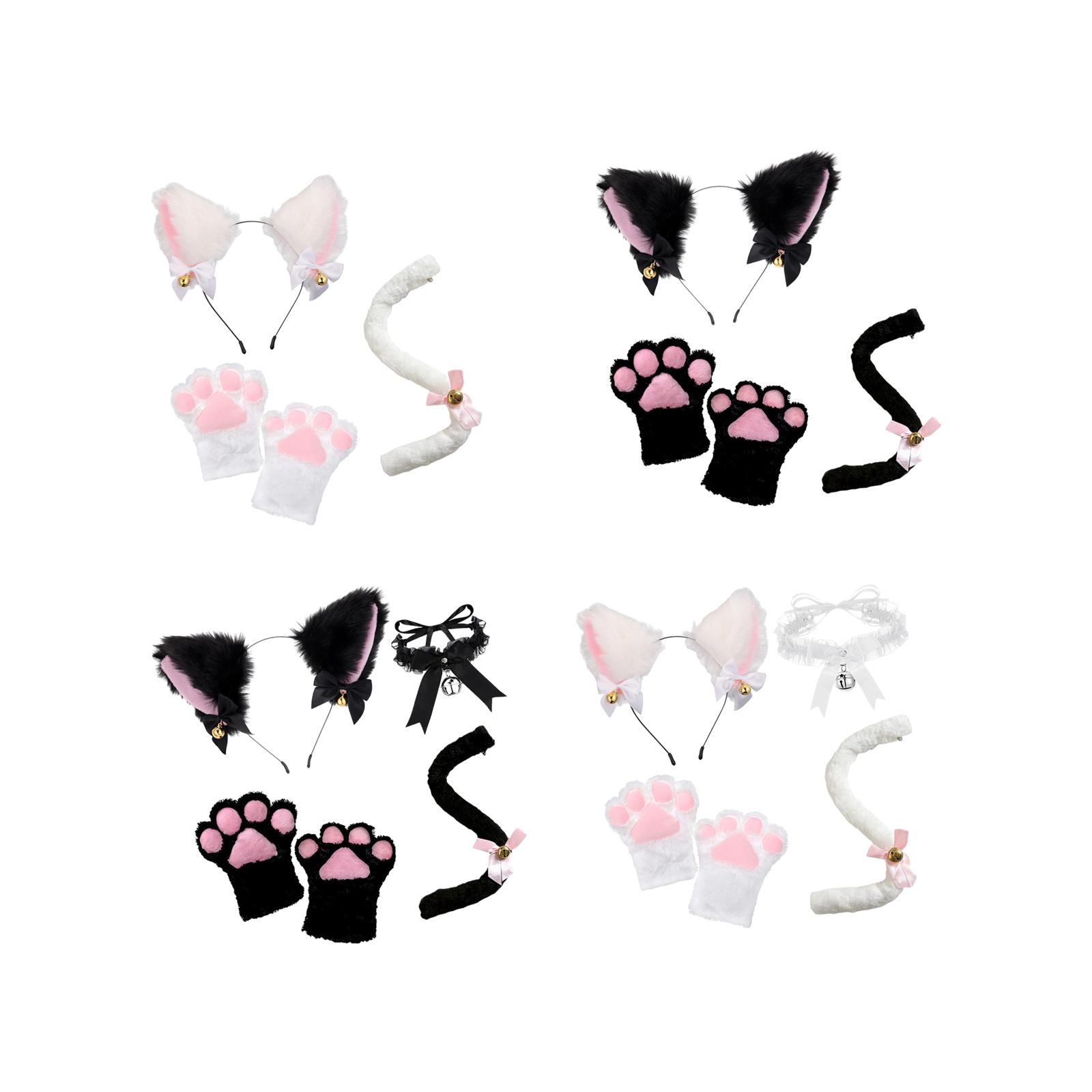 Katzen ohr und Schwanz Pfote Lolita Cosplay Kostüm Set Plüsch Ohr Glocke Stirnband Bowknot Kragen für Karneval Maskerade Festival Requisiten – Detail 3