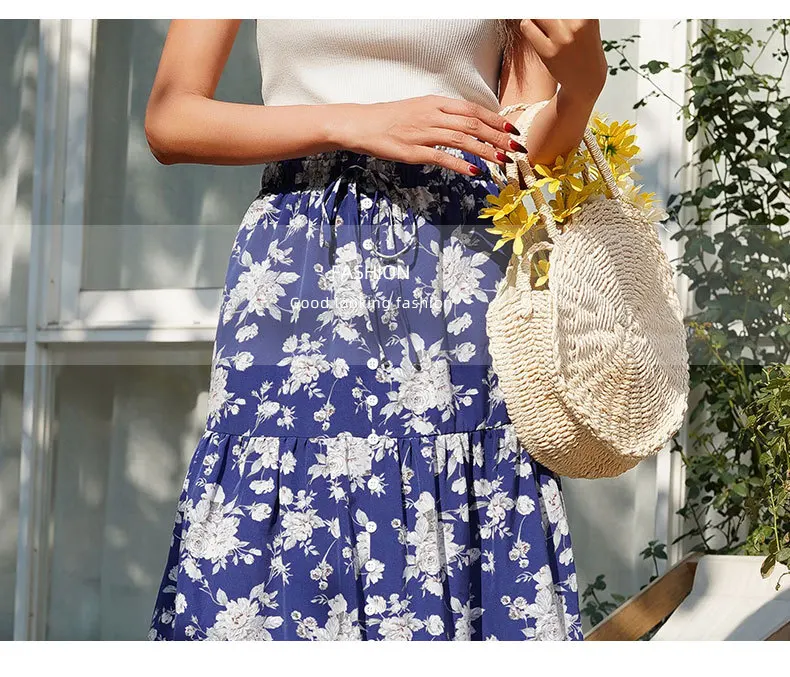 New European and American Long   High Waist Print Blue Retro Split Skirt golf skirt