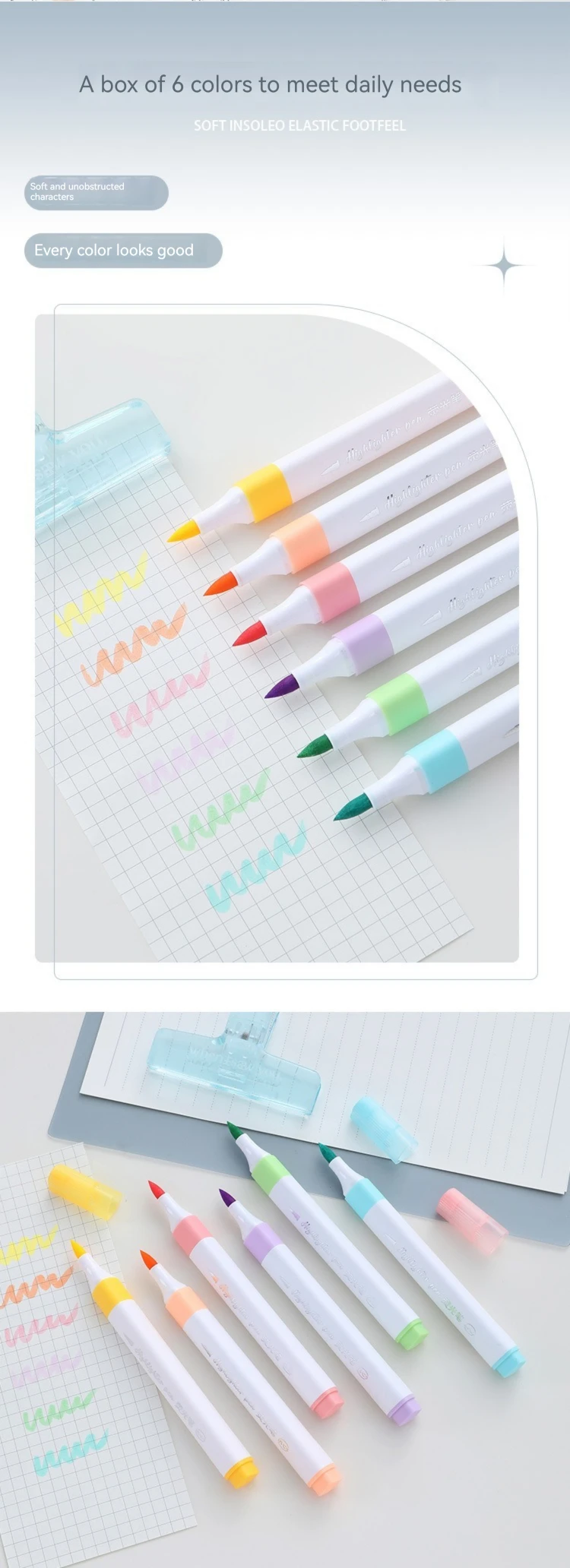 6-Farben-Textmarker-Set in Pastellfarbe, Pinsel, fluoreszierende Marker, Textmarker, Kunstmarker, japanisches süßes Kawaii-Briefpapier – Detail 4