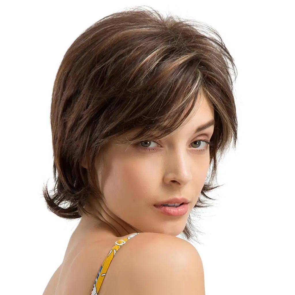 Charming Pixie Cut Wigs traight Wavy Layered Real Human Hair Full Wigs for Women Natural Looking Silky Blending Color