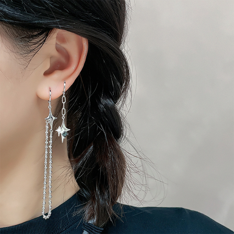 Ciaxy Silber Farbe asymmetrische vierzackige Stern Ohrringe für Frauen einfache Quaste Kette Tropfen Ohrringe Party Geschenk Schmuck – Detail 6