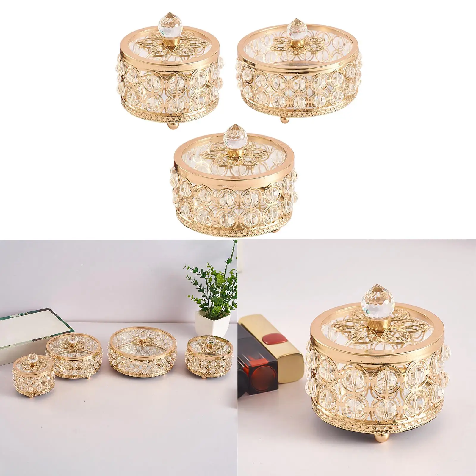 Crystal Jewelry Box Decorative with Lid Holder Gold for Rings Keepsake Box
