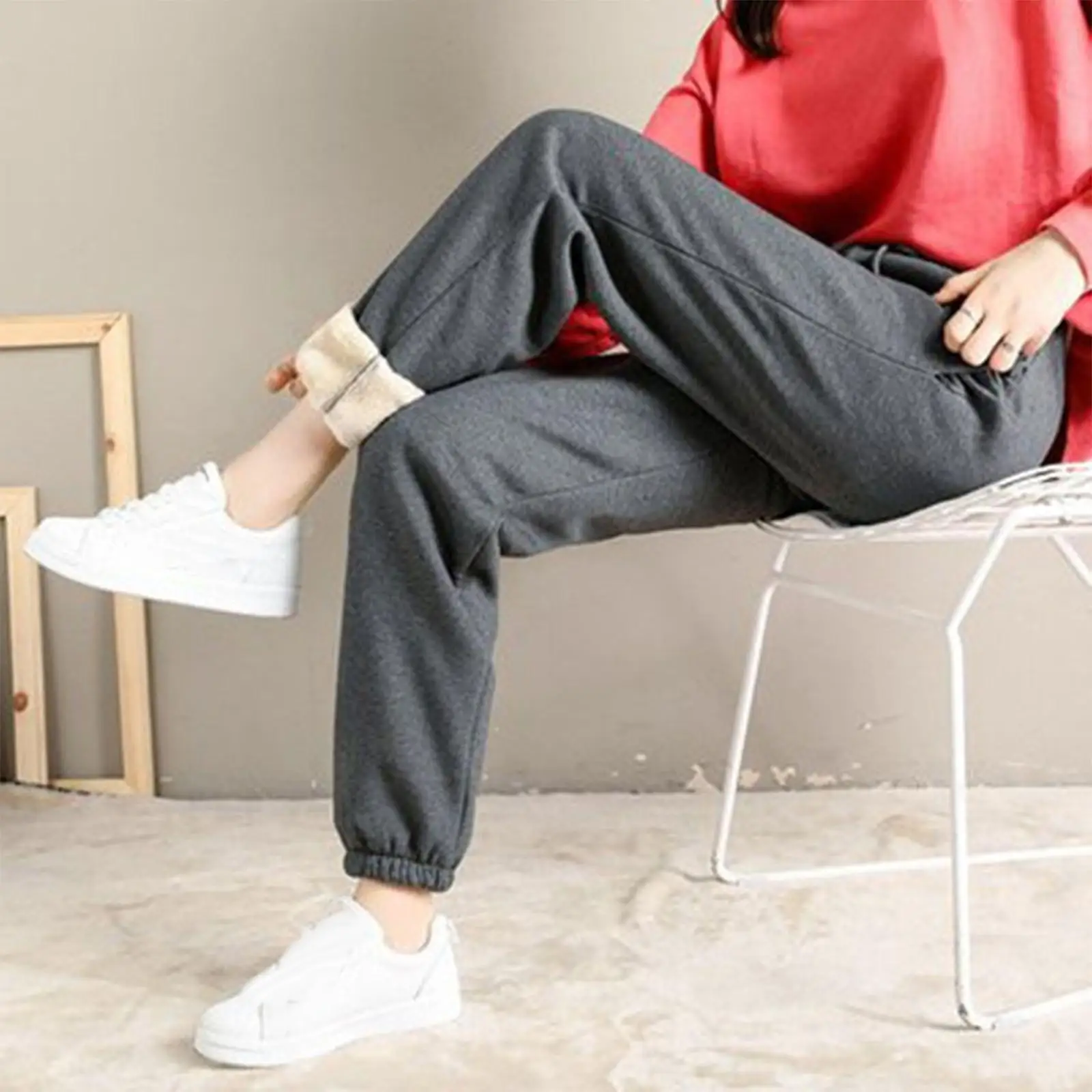 Plush Lined Sweatpants with Pockets Jogger Pants Thick Harem Trousers for Winter