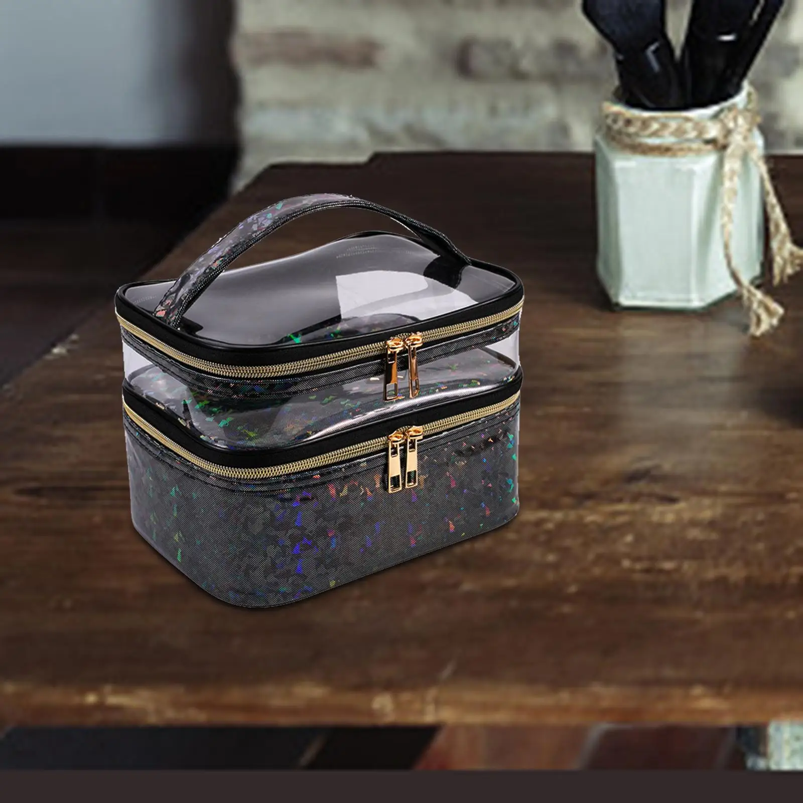 Portable Double Layer Cosmetic Bag Travel Makeup Bag with Handle Transparent