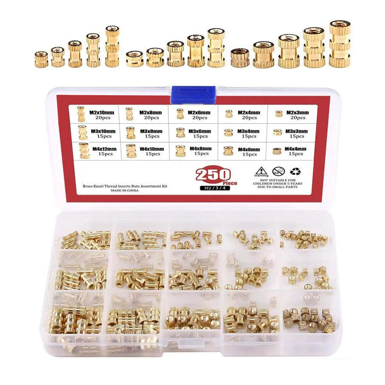 250 x Brass Knurled Threaded Insert Embedment Nuts Assortment for 3D Printing