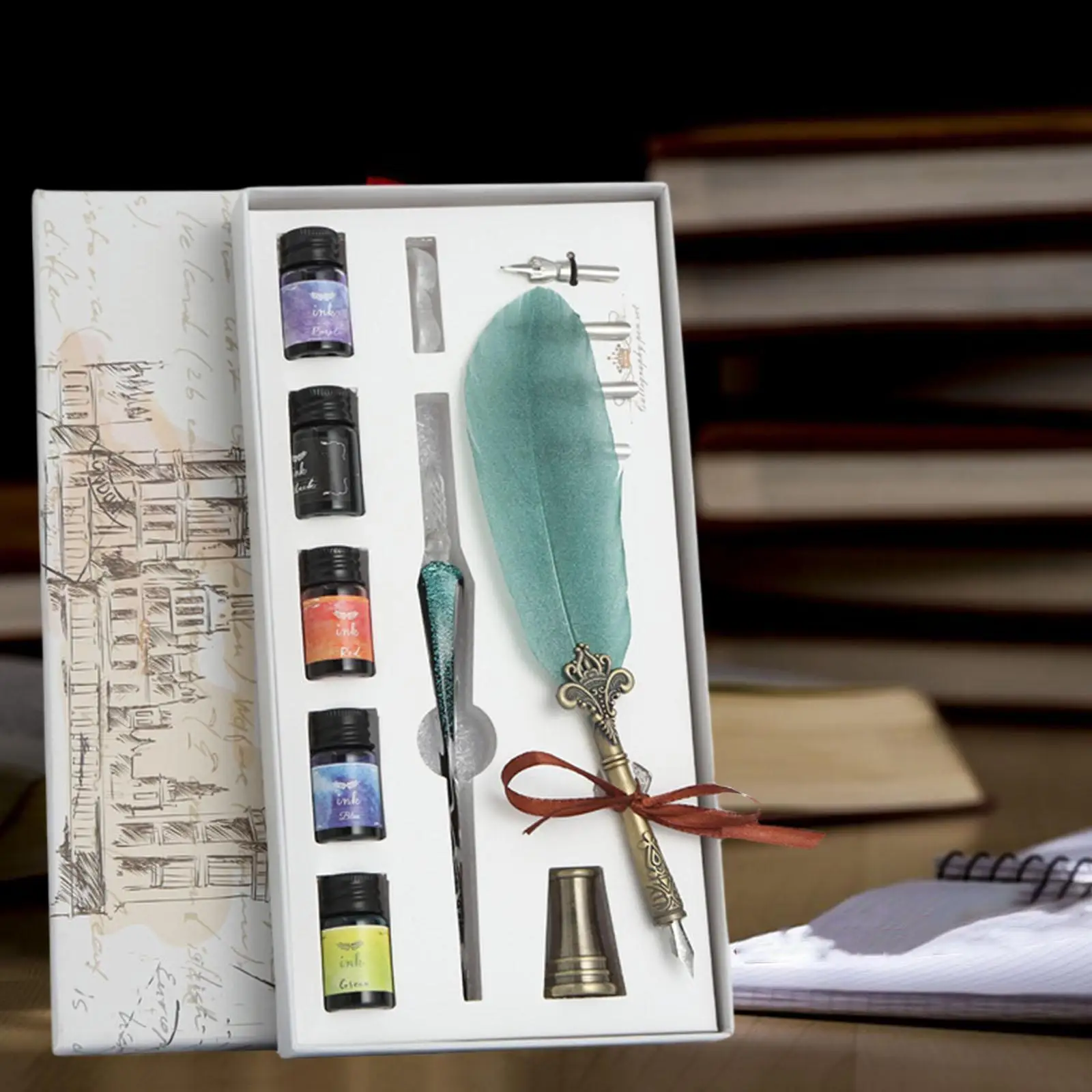  School Vintage Feather Quill Dip Calligraphy Fountain Pen Writing Ink Set Stationery Gift Box
