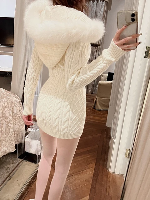 Snowy White Fur Trim Mini Dress Winter Streetwear Bodycon Long Sleeve  Hooded
