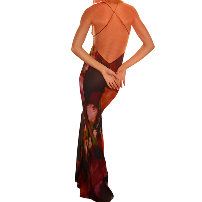 Lace Trim Dress y2k Aesthetic Women Leopard/Floral Print Sleeveless Long Dresses Sexy Backless Cocktail Party Dresses