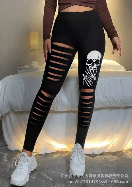 Skull Print Ripped Leggings Sexy Women Hollow Out Gothic Trousers Fitness  High Waist Skinny Push Up Casual Bottoms Clothes - AliExpress