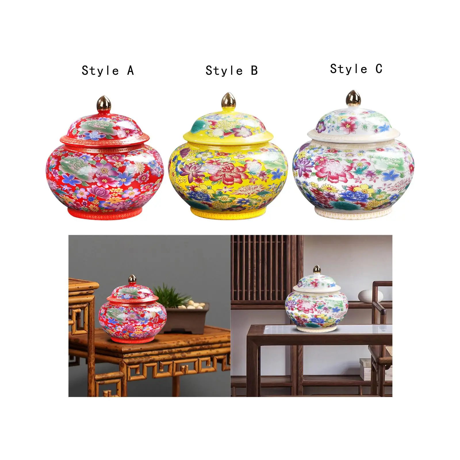 Porcelain Colour Enamel Tea Storage Container Ginger Jar 14x14cm Small Size Multipurpose Chinese Style with Lid for Kitchen