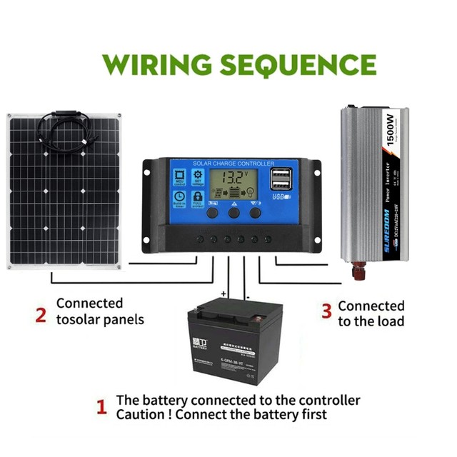 100 Watt 12V Solar Panels Kit + 30A Charge Controller + 1500W Power  Inverter for Off-Grid 12 Volt Battery System