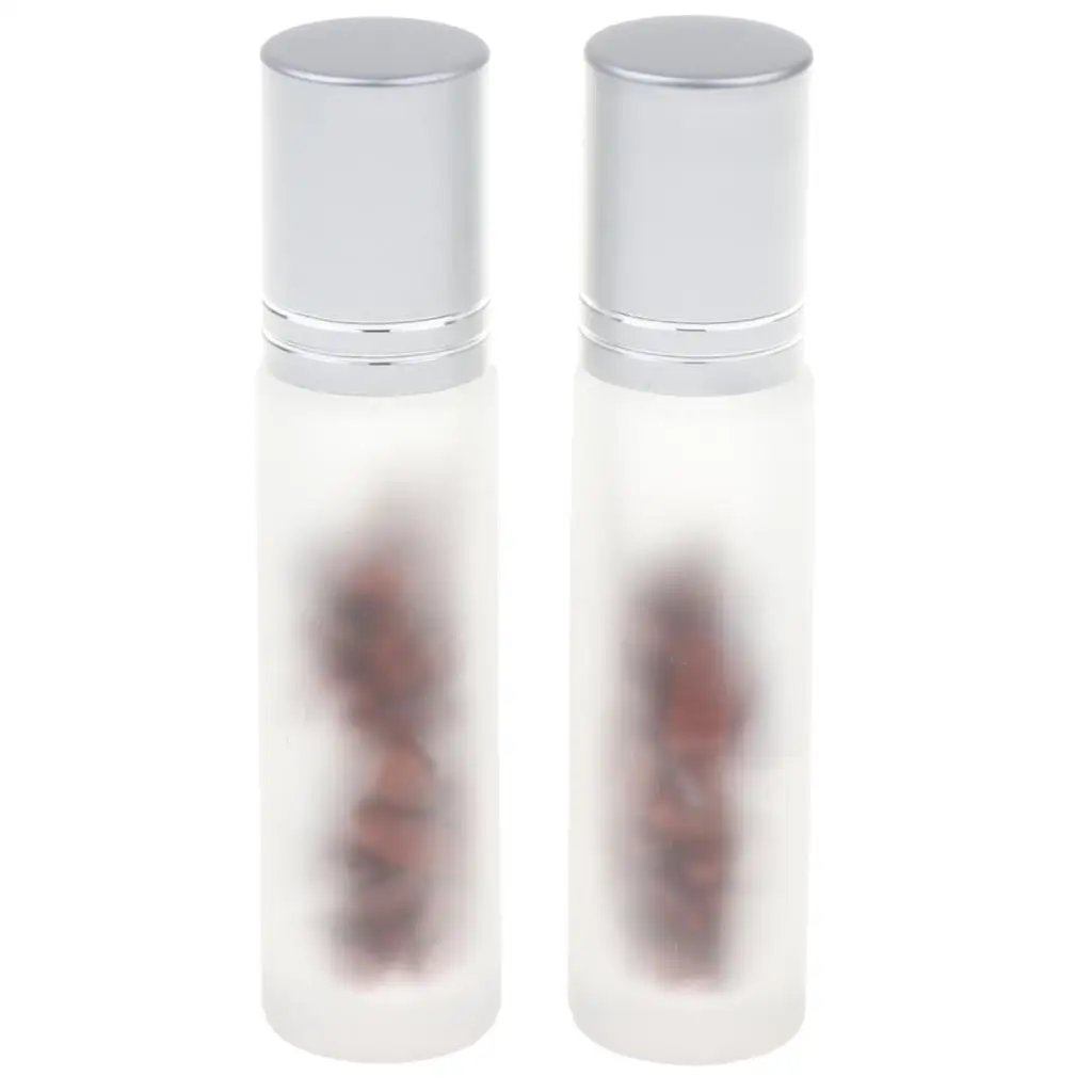 Set of 2 Frosted Glass Bottle Vials For Essential Oil Perfume Aromatherapy, 10ml, with Gemstone Roller Balls, Pretty
