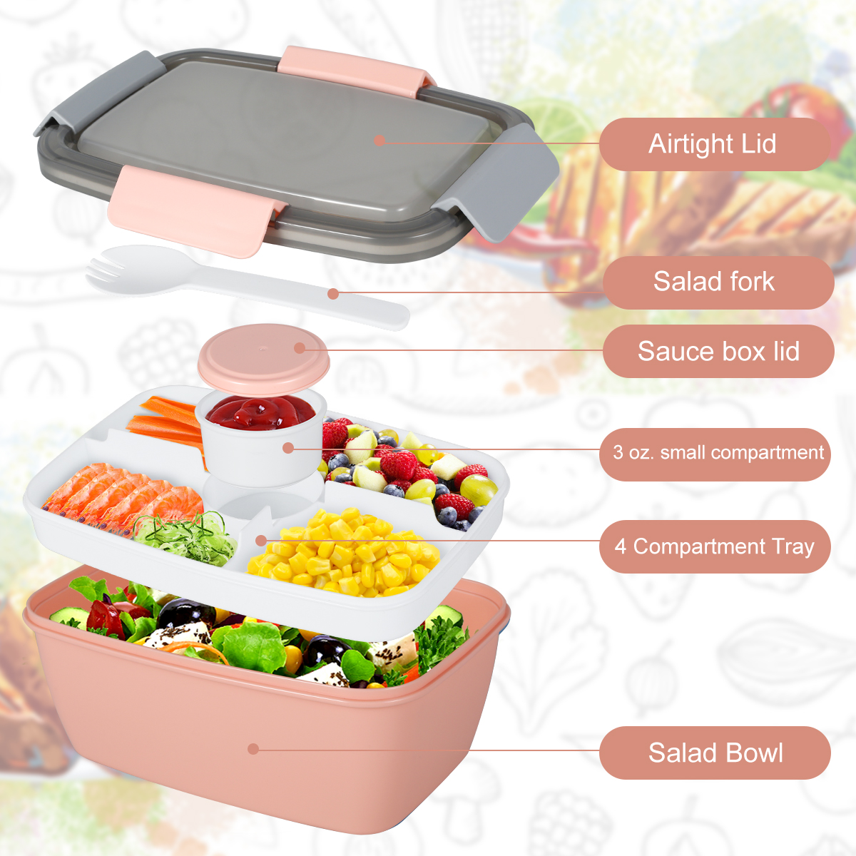 Description Picture 4 of item2L Portable Hermetic Lunch Box 2 Layer Grid Children Student Bento Box with Fork Spoon Leakproof Microwavable Kitchen Container