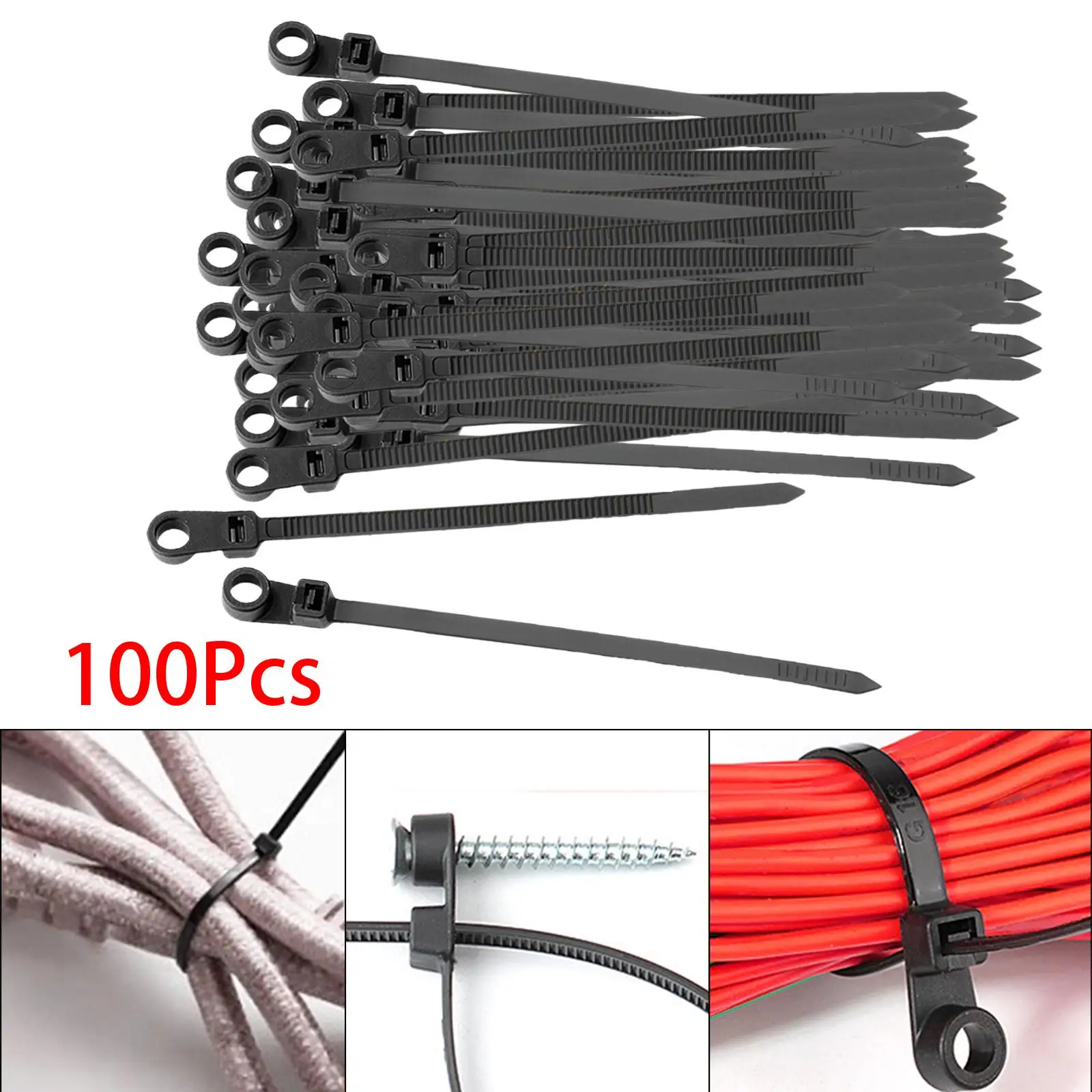 100x Nylon Cable Zips Wire Ties with Screw Hole Self Locking Tie Wraps for Home Garage Indoor Outdoor Garden Trellis Workshop