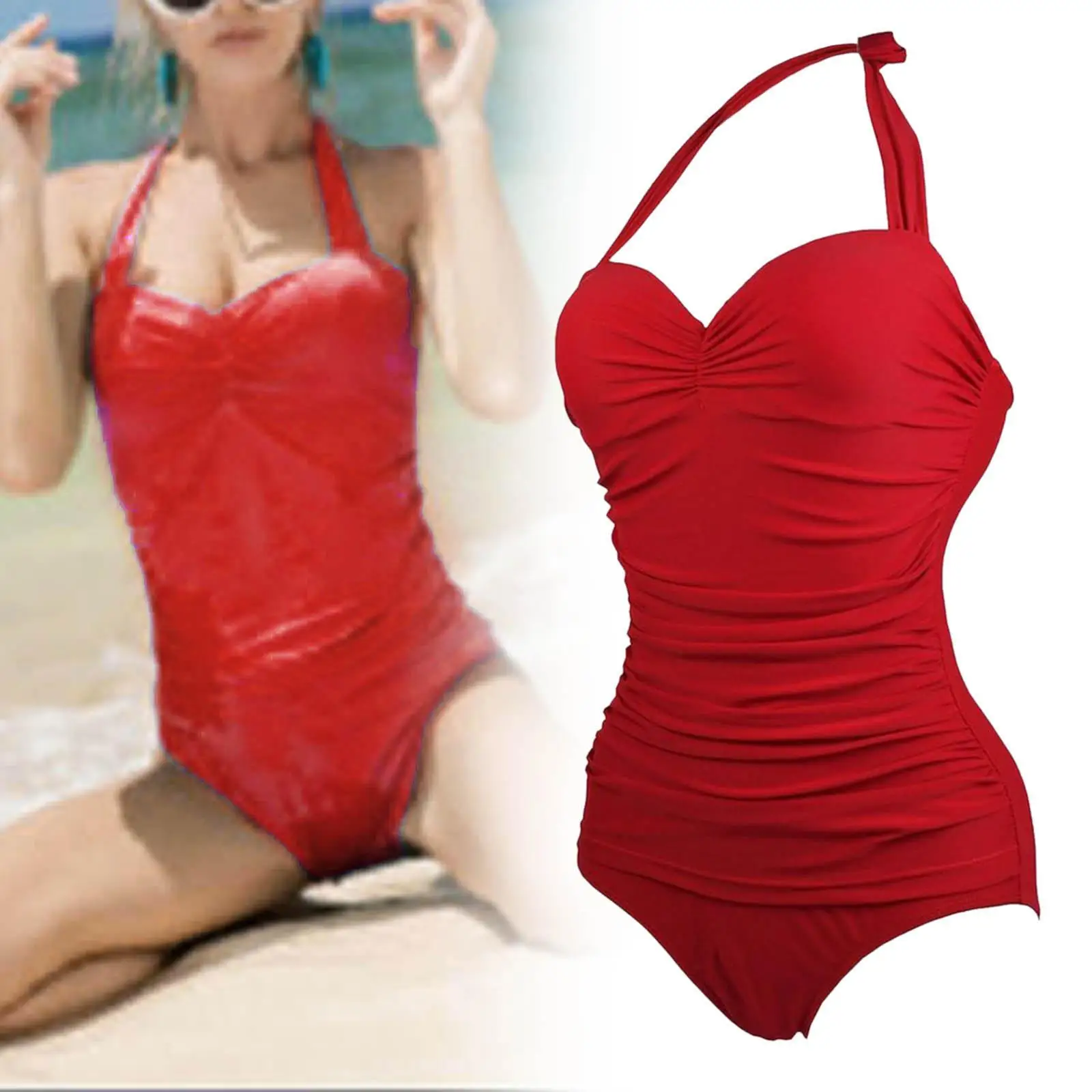 Womens One Piece Swimsuit Ruched Solid Color Tummy Control Padded Fashion Halter Swimming Costume Elegant Swimwear Bathing suits