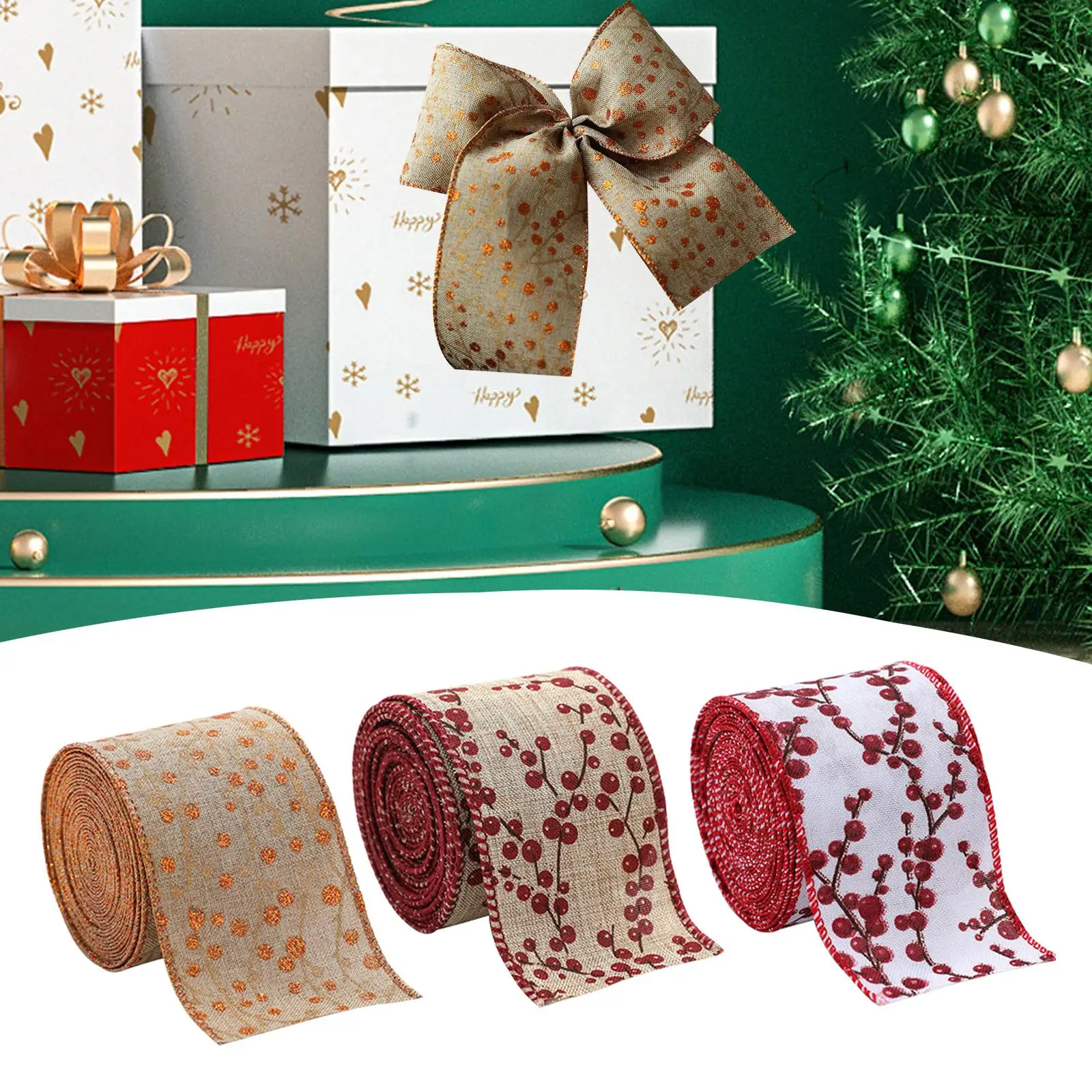 3Pcs Christmas Ribbons DIY Home Decoration Durable Xmas Ribbons for Bouquet Hair Accessories Flower Making Hair Bow Sewing Party