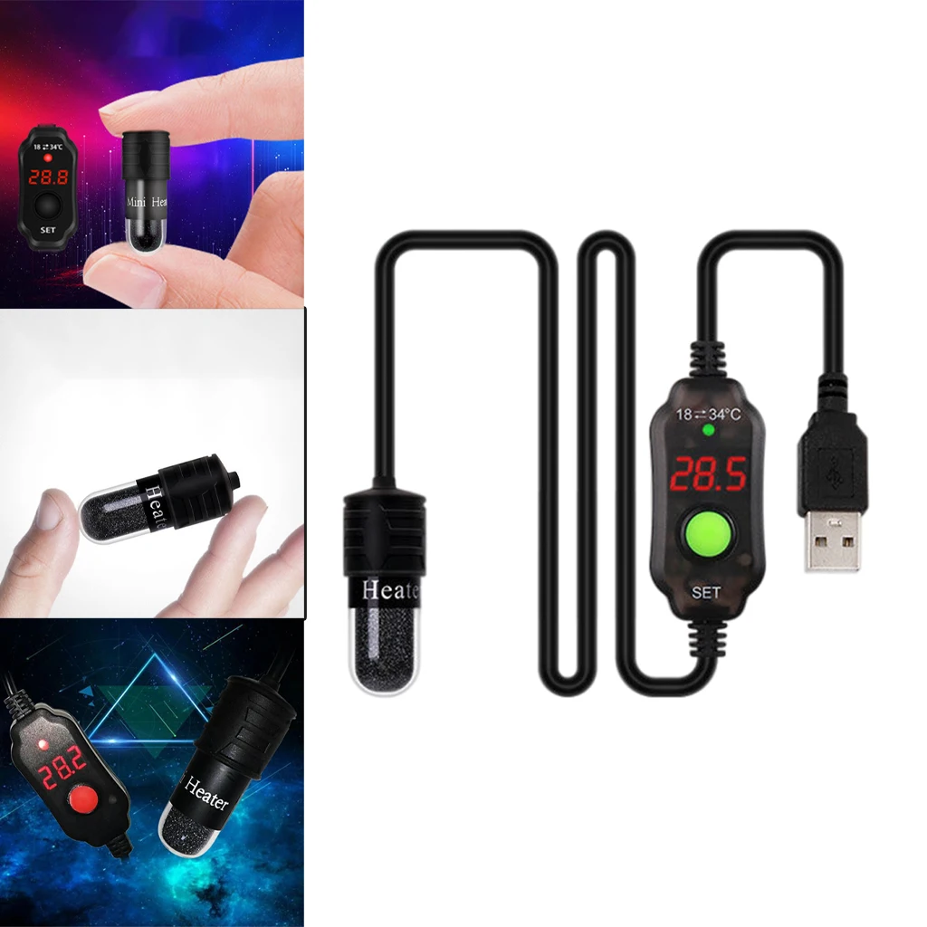 Aquarium Fish Tank Heater USB LED Heating Rod Adjustable Temp Controller Small Aquarium Fish Turtle Tank Heater Protection