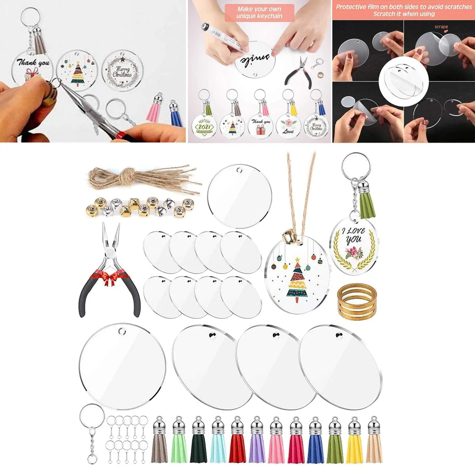 74Pcs Transparent Acrylic Keychain Tassel Pendants Charms Keyrings DIY Projects and Jewelry Making Accessories s
