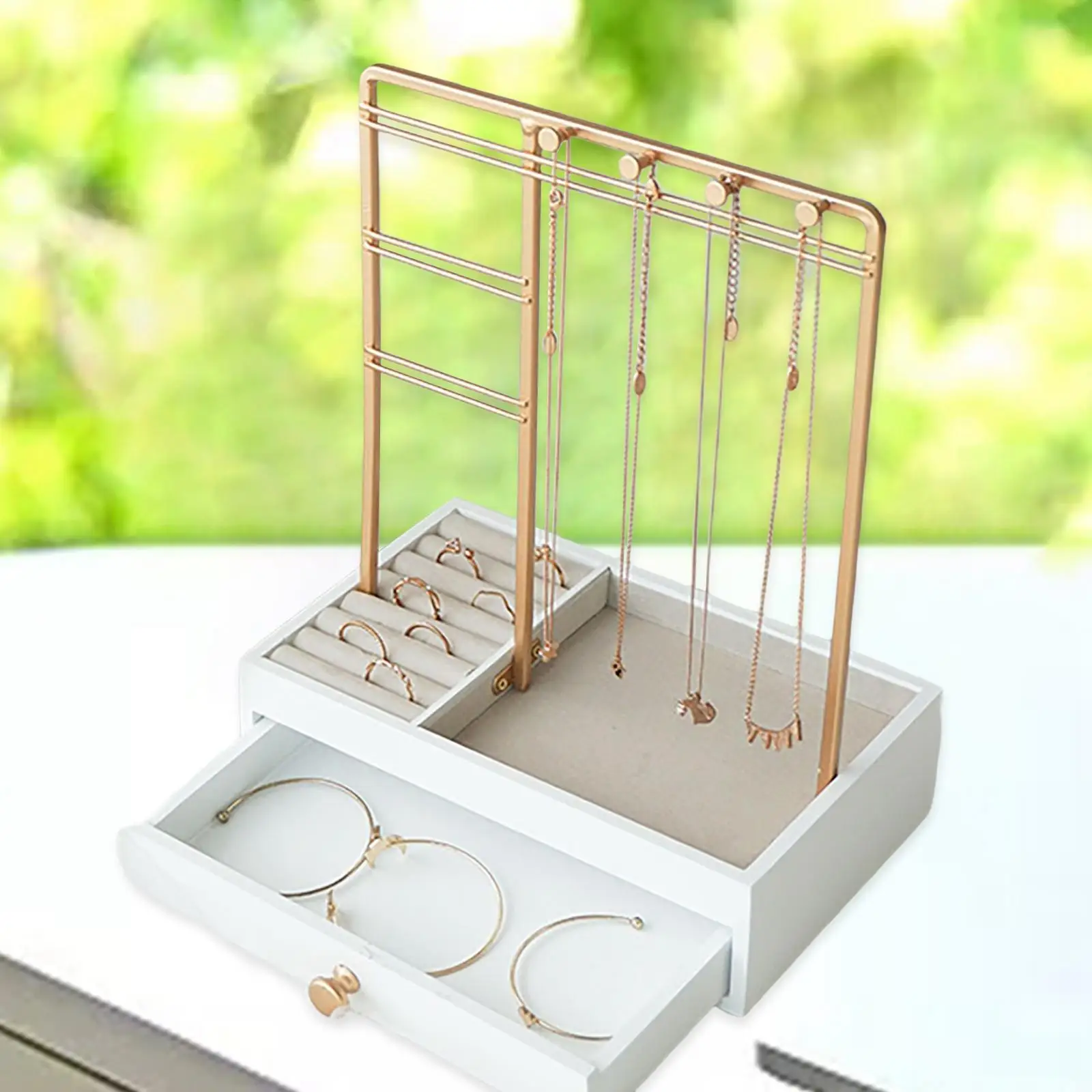 Jewelry Organizer Stand with Drawer Wood Basic with Hooks Storage Box Display Tower for Necklace Rings Earring Watches Bracelets