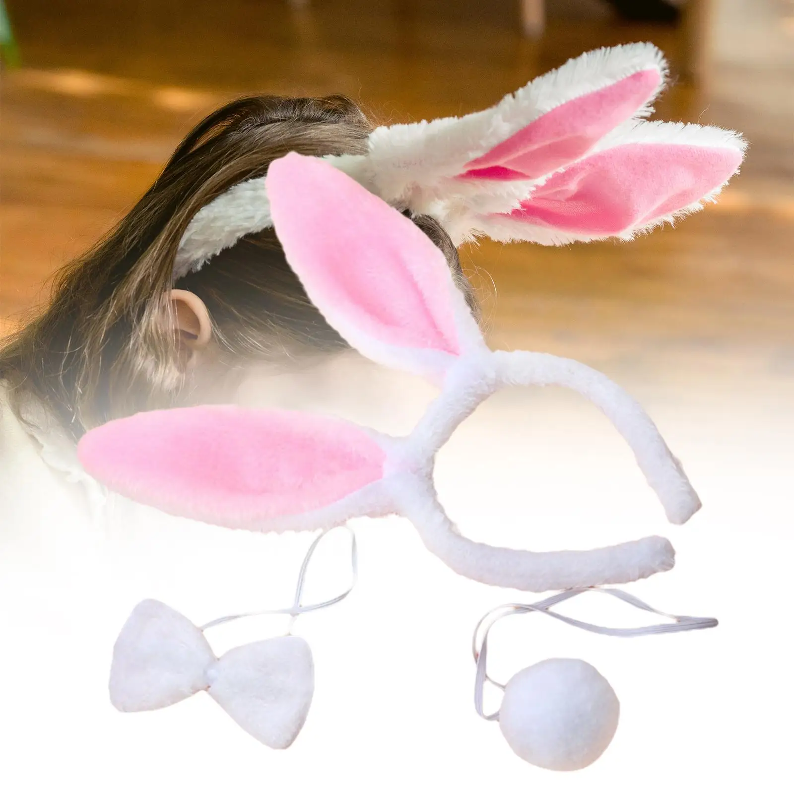 Bunny Costume Set Rabbit Ear Headband Rabbit Tail Headwear Bow Tie Headpiece for Cosplay Carnival Birthday Role Play Adult