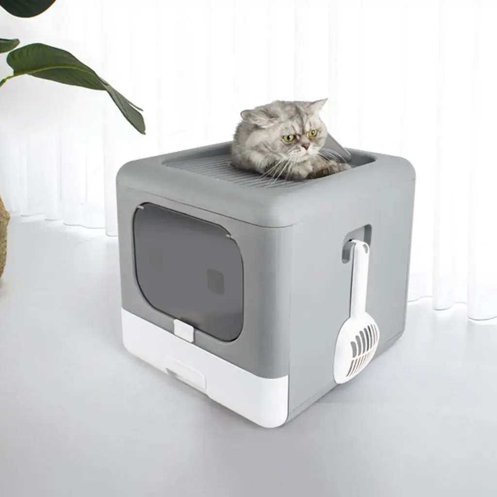 Portable Cat Litter Box with Lid Foldable Cats Litter Tray with Top Entry Pet Toilet with Scoop Large Inside Room for Kitten