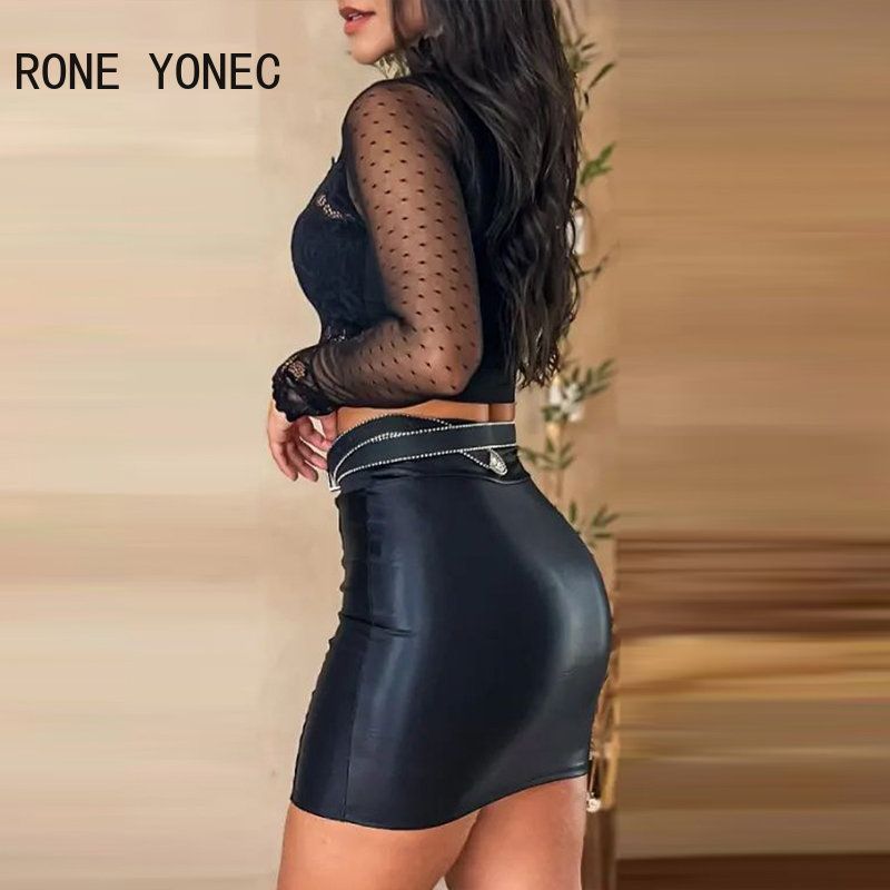 renda, mini saia bodycon, fundo de couro PU com cinto, botão, sexy