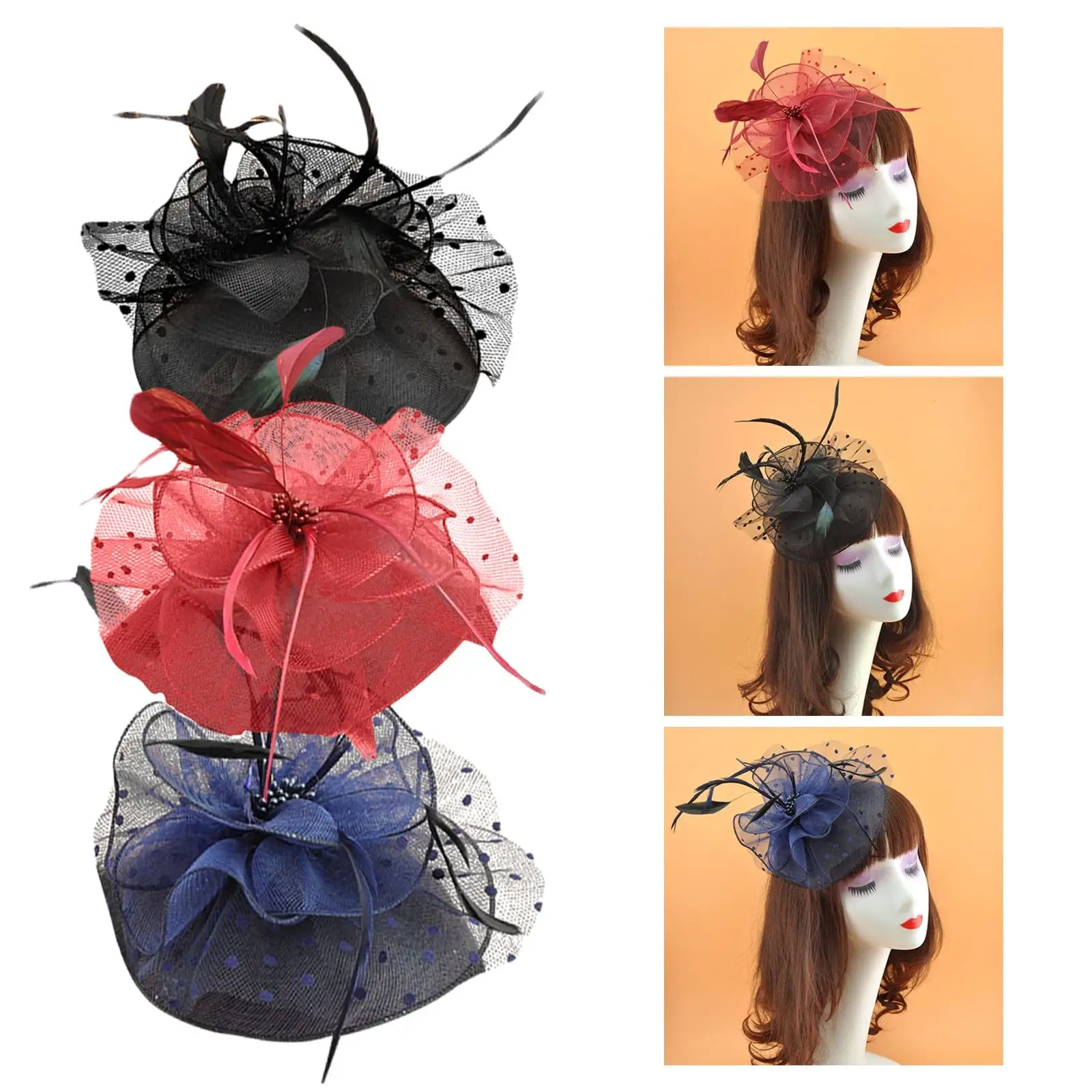 Fascinators Hat Flower Mesh Feather for Women Pillbox Hat Vintage Handmade Headband for Bridal Wedding Prom Hair Accessories