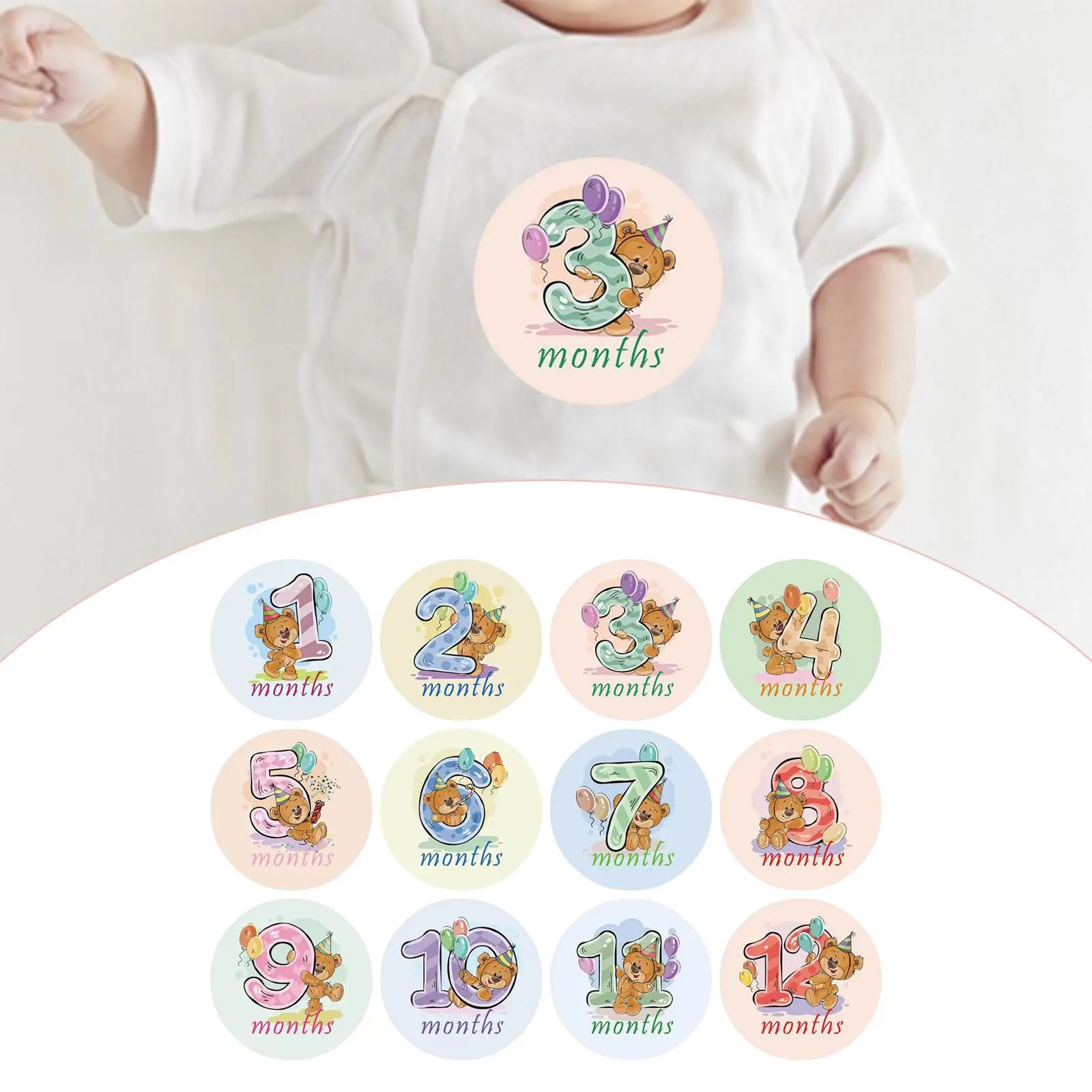 12x Baby Monthly Stickers Gender Neutral Milestone Stickers Cartoon Animal Newborn Baby Sticker Memories Photo Props Baby Shower