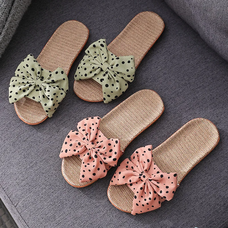 Summer Bowknot Linen Slippers Women Japanese Cute Wave Point Home Indoor Shoes Non-Slip Women's Linen Slippers