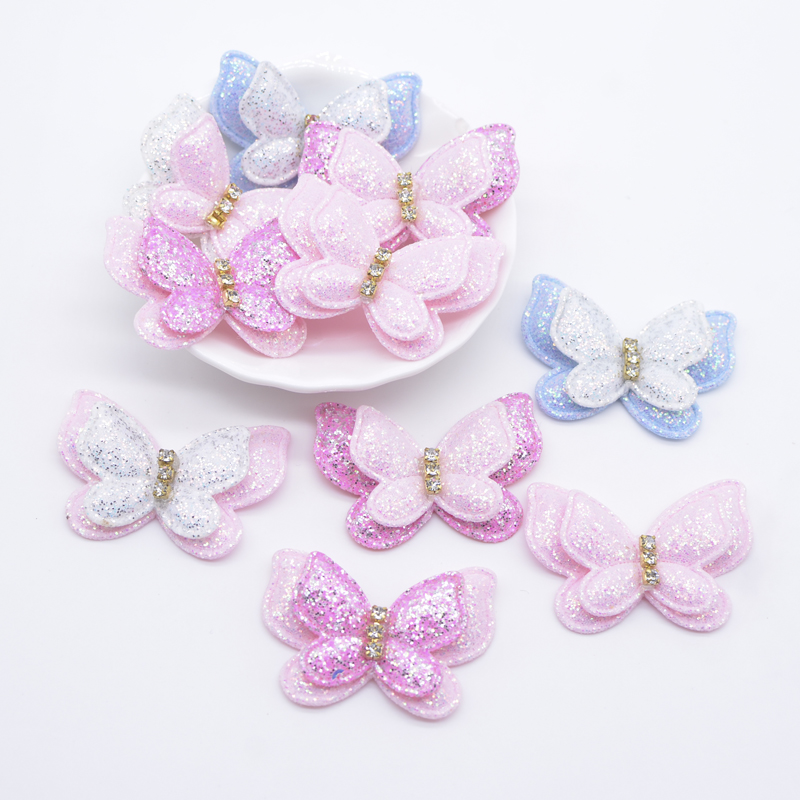 10 Stücke 44*30mm Bling Doppel Schmetterling Applikationen für Kleidung Hut Schuhe Nähen Patches DIY Kopfbedeckungen Haarspangen Bogen Dekor Zubehör – Detail 1
