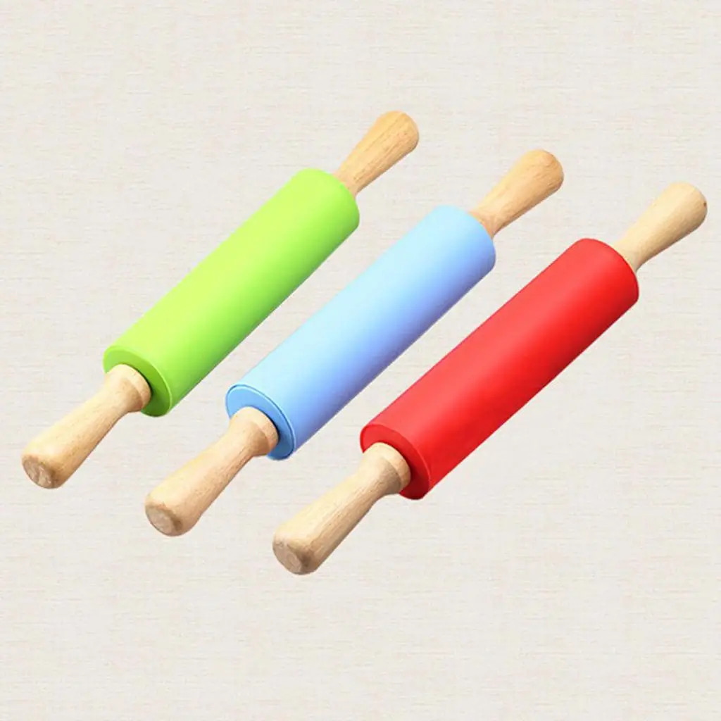Wooden Handle Silicone Rolling Pin  Noodles  Roller Kitchen Tool