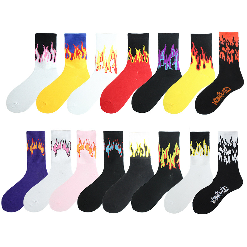 Description Picture 2 of item1 pair women Fashion Hip Hop Hit Color On Fire Crew Socks Red Flame Blaze Power Torch Hot Warmth Street Skateboard Socks