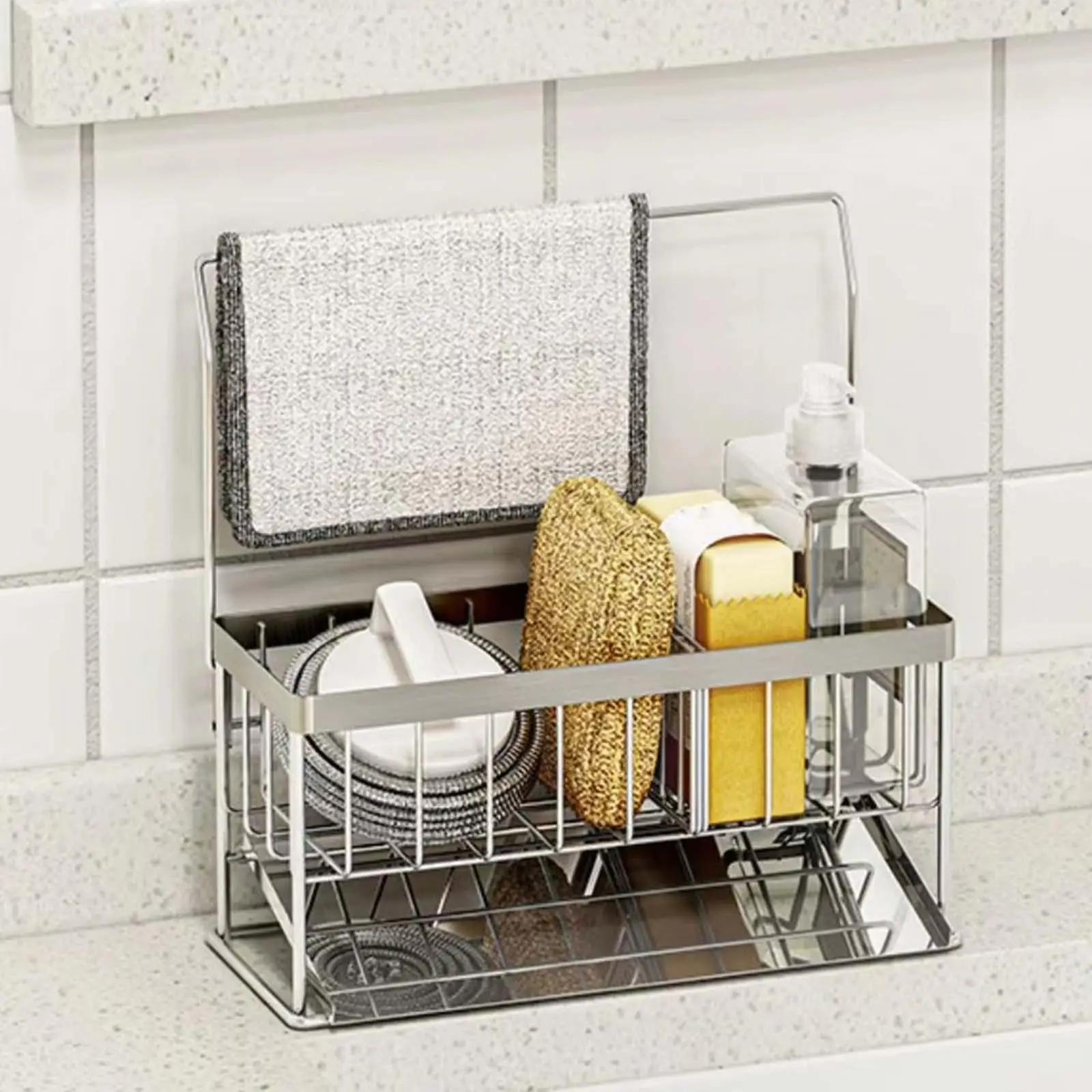 Durable Sink Drain Rack Drainer Basket Dishcloth Shelf Organization Rustproof Storage Kitchen Sponge Holder for Counter Bathroom