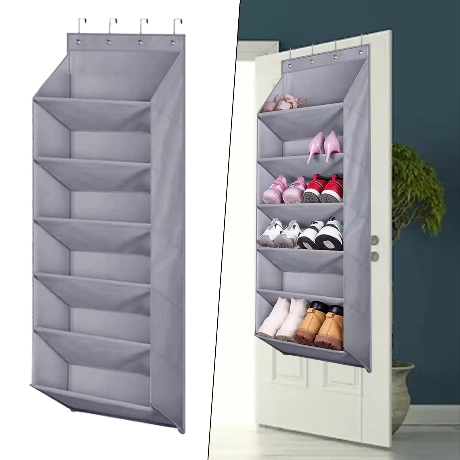 Door Shoe Rack Gray Multifunctional Oxford Cloth Various Compartments Foldable Hanging Storage Bag for Baby Items 14 Pair Boots